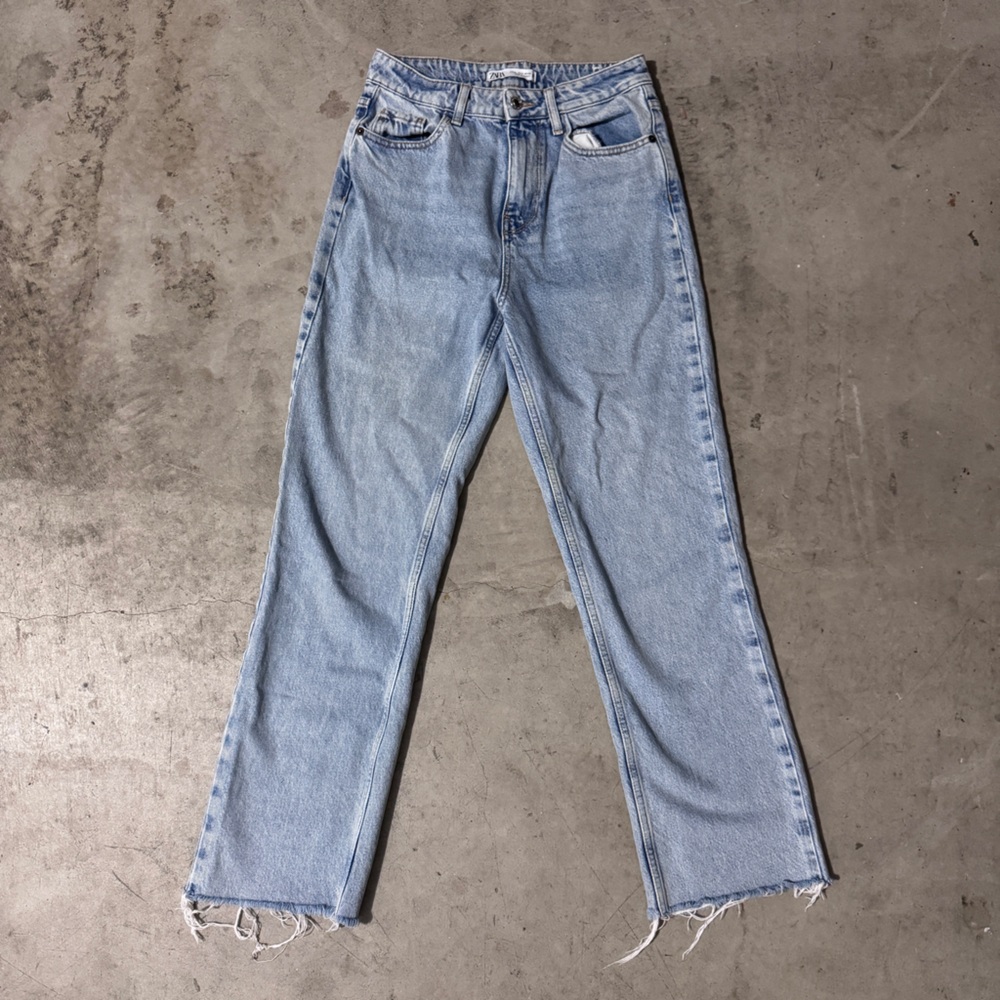 Zara Light Blue High Rise Straight Leg Jeans